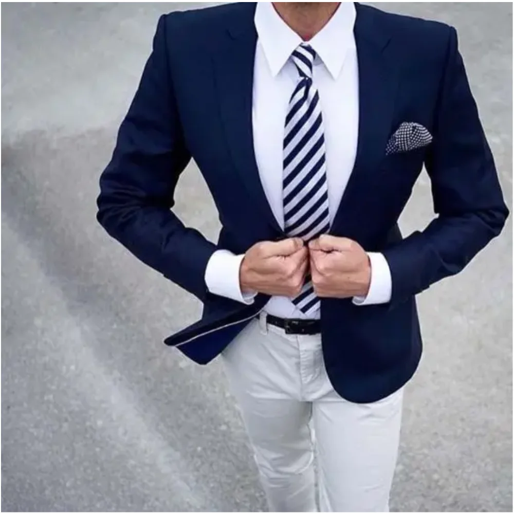 

Custom Navy Blue Blazer Men Suit For Wedding Bridegroom Formal Prom Business 2 Pieces Slim Fit Tuxedo Mariage Suit With Pants