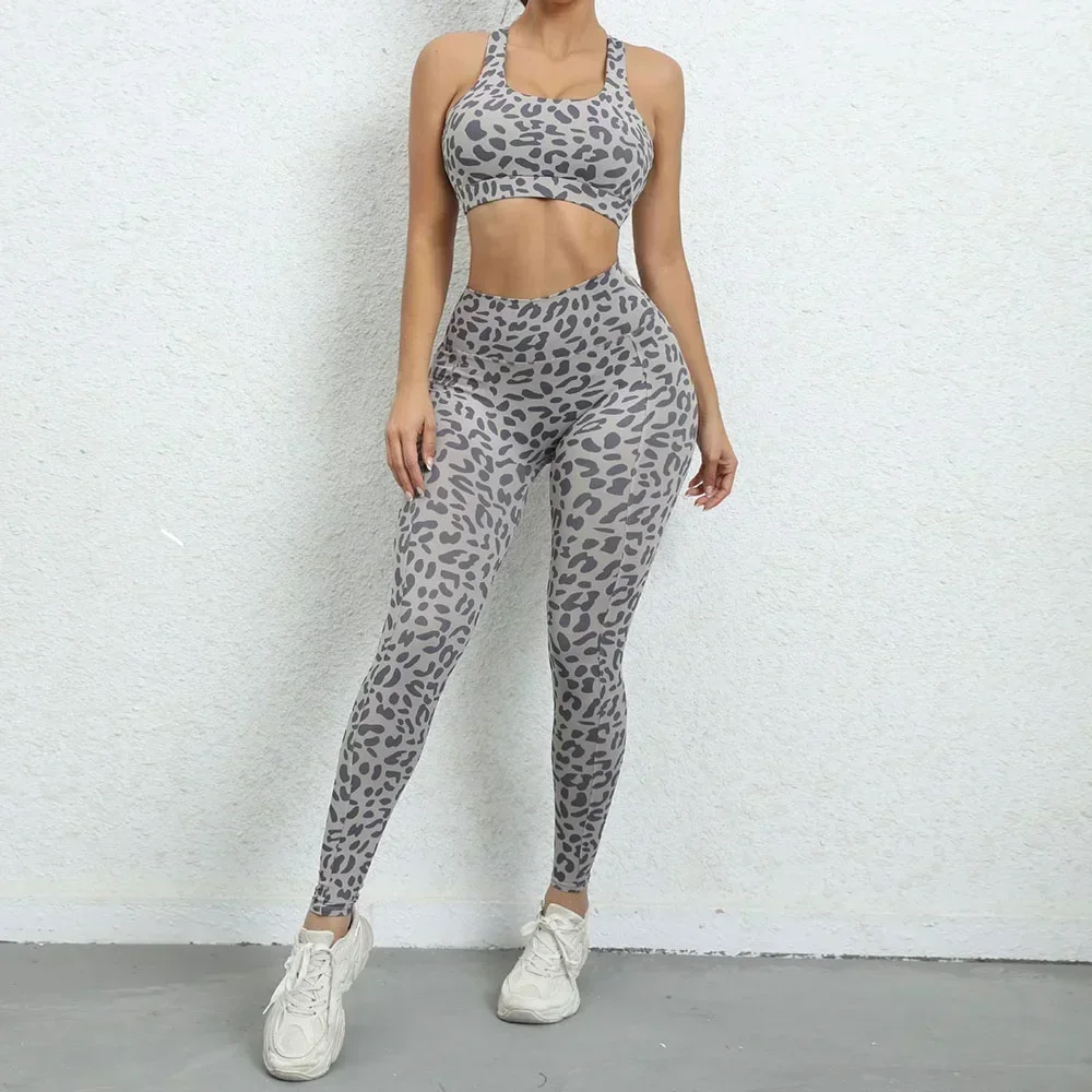 SEXY Leopard Yoga Set Women Sports Wear Gym Tracksuit Clothes Workout Leggings Crop Top Bra Fitness Suit Sportswear