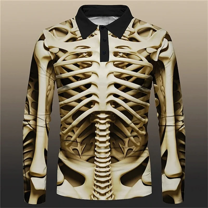 Funny 3D Bones Print Polo T Shirt For Men Hip Hop Trend Harajuku Streetwear Fashion Casual Loose Long Sleeved Tops Autumn Shirts