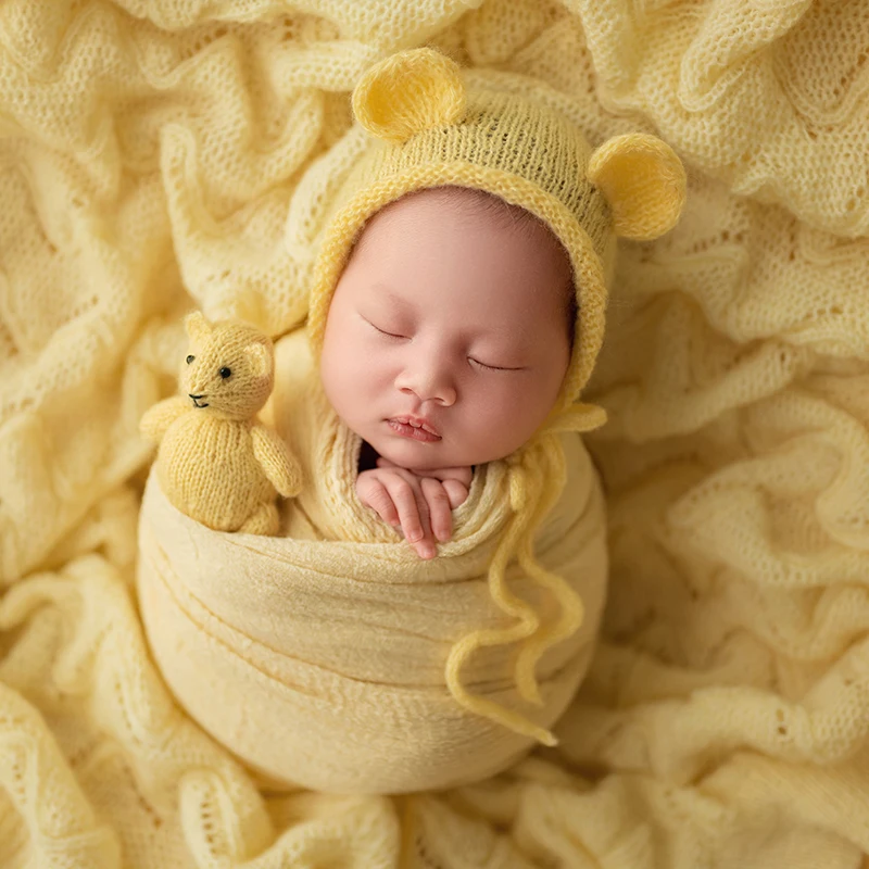 Newborn Photography Props Cute Bear Hat Lace Pillow Baby Shoot Prop Breathable Wrap Backdrop Blanket Yellow Butterfly Theme Set