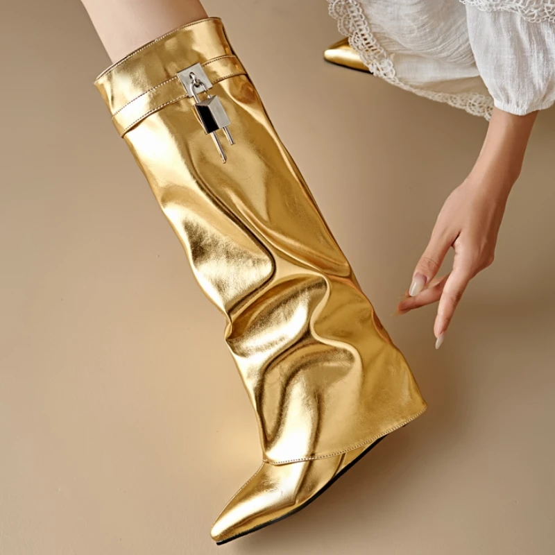 Sexy Wedge Knee High Boots for Women New 2024 New Turned-over Silver Gold Long Boot Heels Party Shoes Lady Big Size 48 Footwear