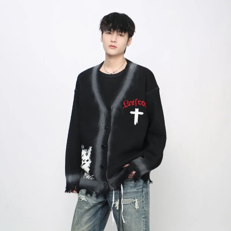 MWJLPWQ American High Street Design Sprühfarbe Herrenpullover Trendy Einreiher Casual Paar Lazy Style Strickoberteile 21116