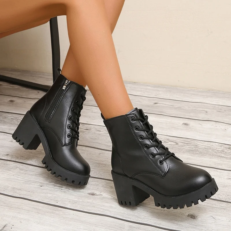 Modische neue, bequeme und verschleißfeste Damen-Arbeitsstiefel, Winter, elegante, einfarbige, runde Zehen, kurze Schnürstiefel