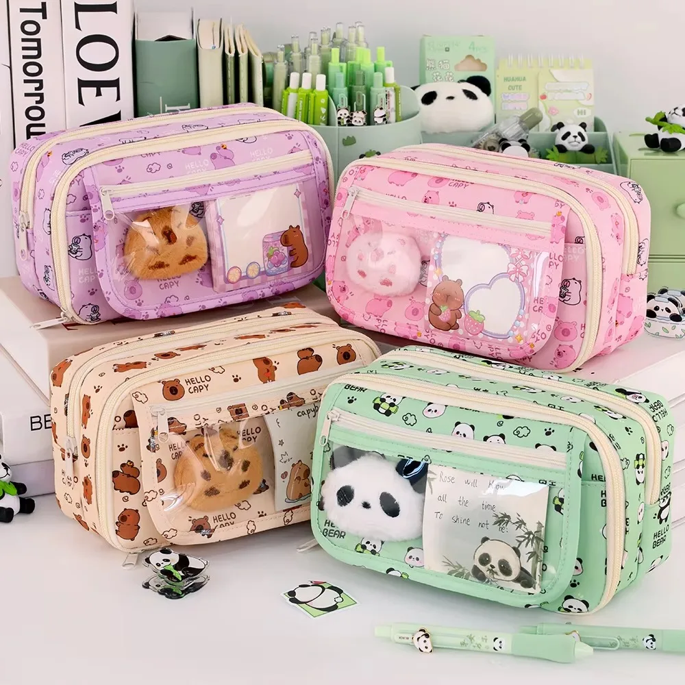 9-Layer Capibara Pencil Bag Panda Dirt-proof Cartoon Pen Pouch Korean Style Transparent Pocket Zipper Pencil Pouch Children