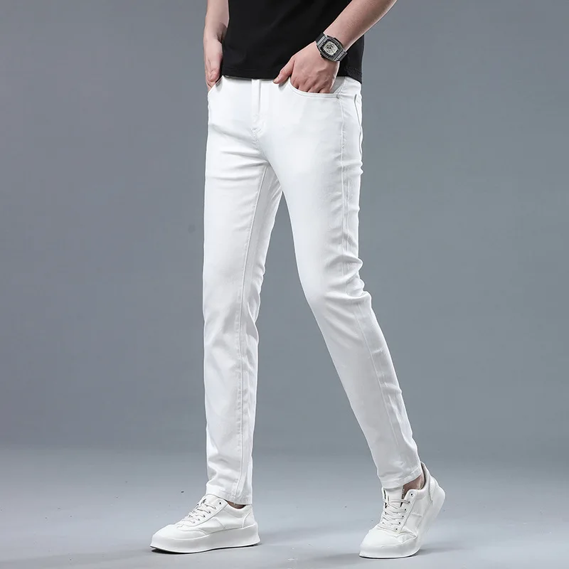 

Autumn pure white jeans men's high-end and fashionable trendy casual all-matching street stretch slim-fit light luxury trousers