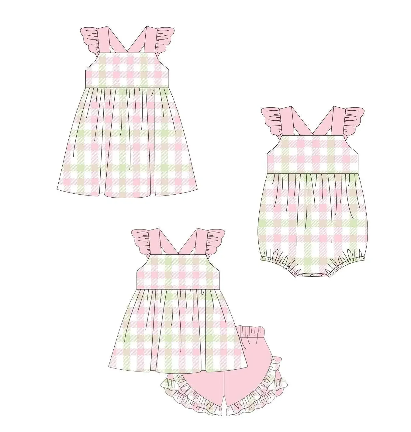 

Baby girl summer three-piece pink plaid printed pearl suit toddler jumpsuit boutique milk silk wholesale