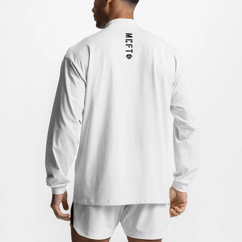 Mens Bodybuilding Sporting Workout Oversized High-neck Long Sleeve Tshirt Breathable Fitness Fashion Clothing T Shirt