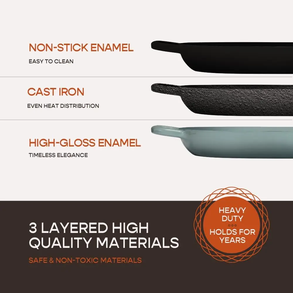 فرن هولندي من الحديد الزهر المطلي بالمينا لخبز العجين المخمر الاحترافي |   وعاء أواني طهي بيضاوي بحجم رغيف سعة 5.5 لتر مع غطاء |   الثلاثي-