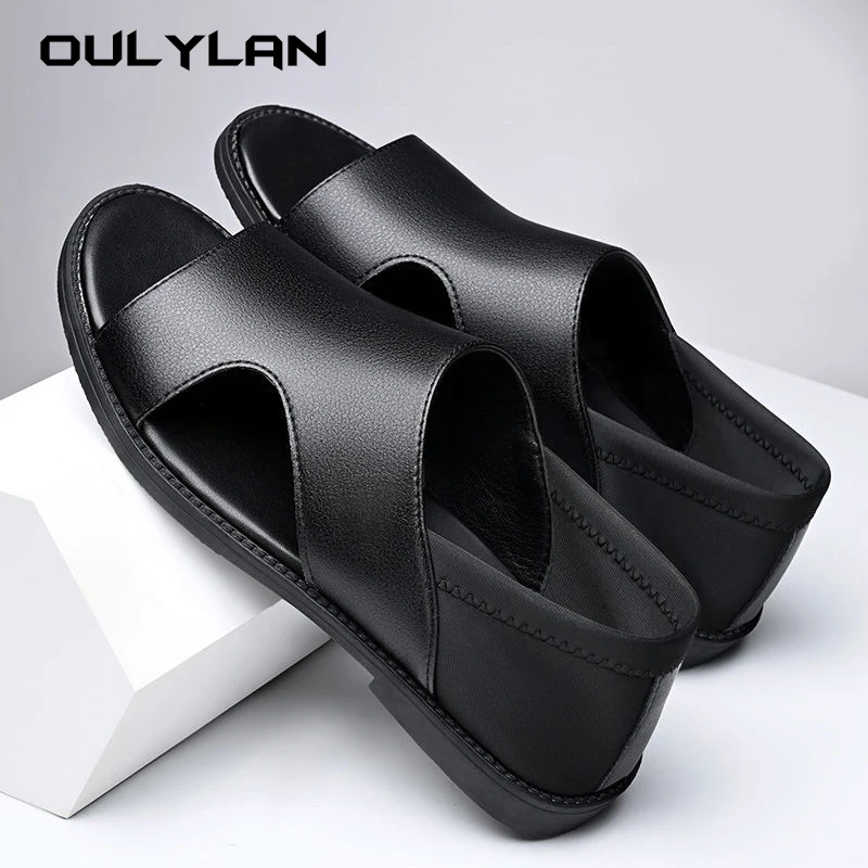 Oulylan 2024 Summer Hollow Leather Shoes Men's Casual Sandals Breathable Hole Shoes Sandals Men Business Driving  Sandals