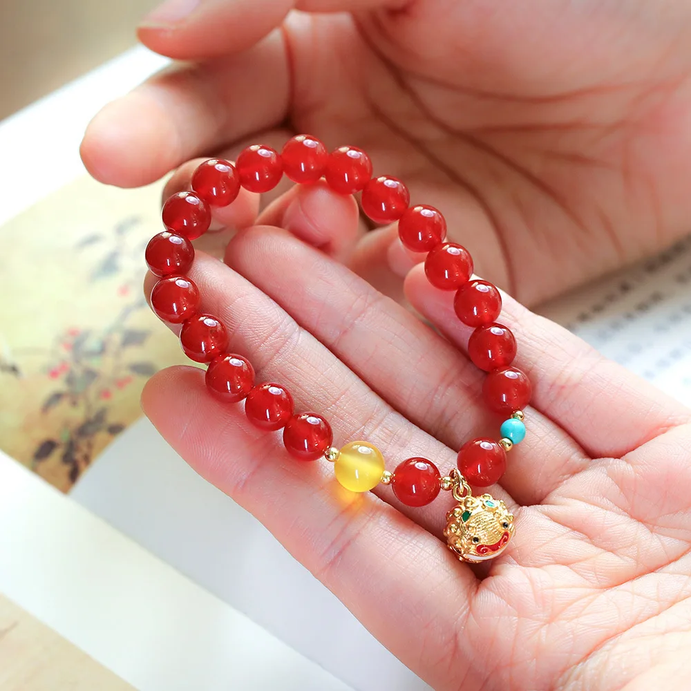 Natural Red Agate Yellow Agate Magnesite Turquoise Tiger Head Bell Beaded Bracelet for Women Gifts