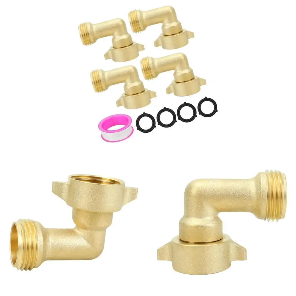 Water Hose Elbow with Washers, 4 Pack Brass 90 Degree 3/4 Inch Threaded Fitting for Camp Water Lines, Garden Spigot, and Tight