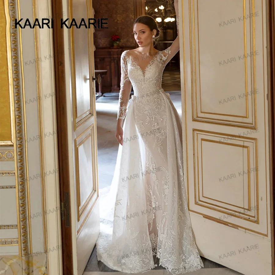 KAARI KAARIE Mermaid 2 IN 1 Wedding Dress Appliques Long Sleeve Lace Bride Dress Detachable Court Train Wedding Gown Plus Size