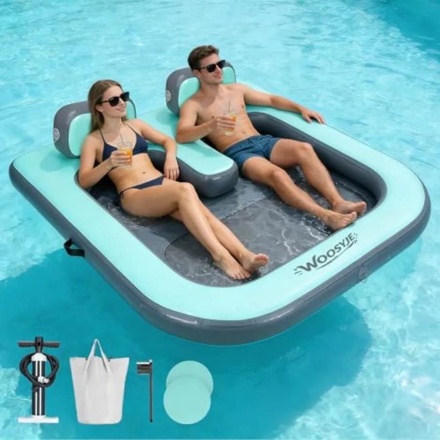 

2 Person Water Hammock Inflatable Pool Float for Pool Use Heavy Duty Drop-Stitch PVC in Blue Mesh Bottom Backrests Pet Proof 72