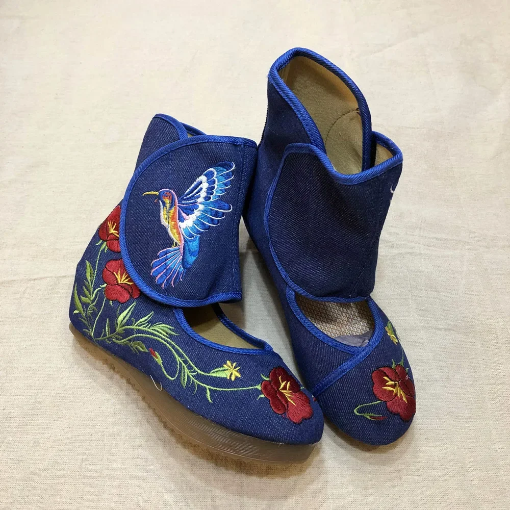 Boots casuais do envoltório do tornozelo do beija-flor para mulheres, sapatas de pano bordadas Mary Janes, nobre chinês, dentro aumentado