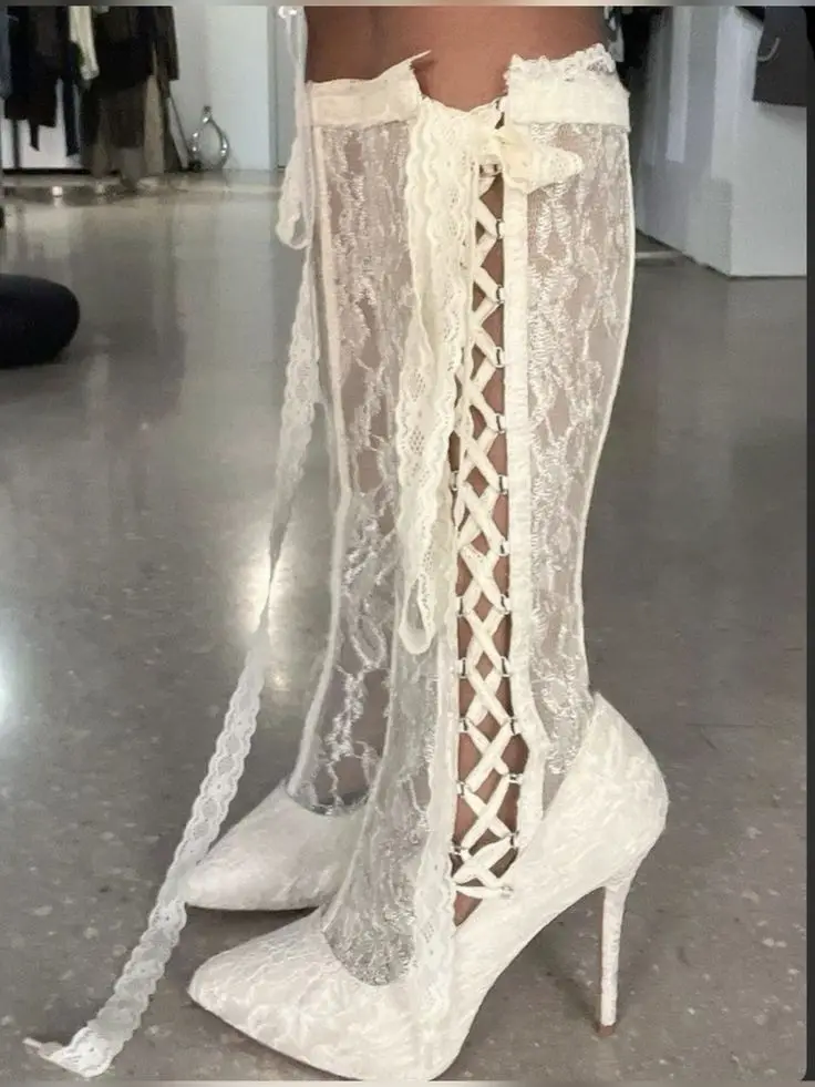 Pink Pointed Toe Butterfly-Knot Knee-High Women Boots Stiletto High Heels Lace Up Design Large Size Fashion Lady Shoes view 3