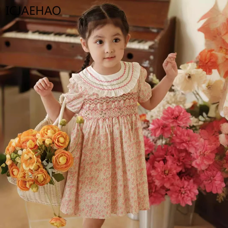 ICJAEHAO 2025 Girl's Embroidered Princess Dress Pastoral Flower-print Pure Cotton Short-sleeved Children Smocked dresses Summer