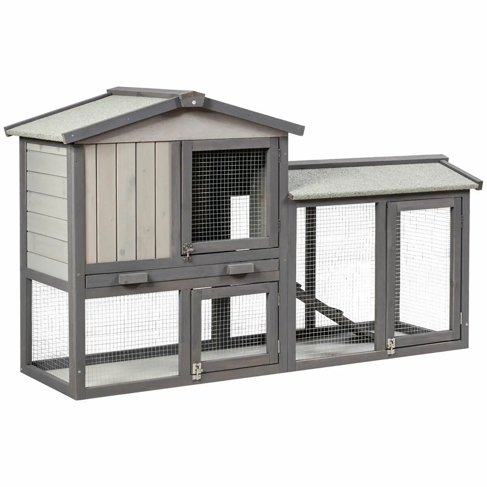 

58" Wooden Rabbit Hutch Large Chicken Coop Weatherproof Indoor Outdoor Use Gray