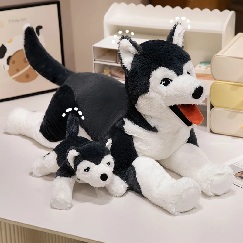 Brinquedo de Pelúcia Husky Preto Feliz Simulado 26/57cm, Boneco de Pelúcia Macio de Cachorro Husky, Presente de Aniversário Infantil