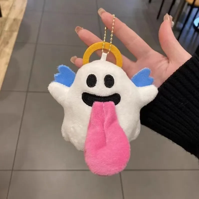 10cm Kawaii Ghost Plush Pendant Creative Funny Angel Devil Cartoon Long Tongue Image Key Chain Pendant Schoolbag Decoration Gift