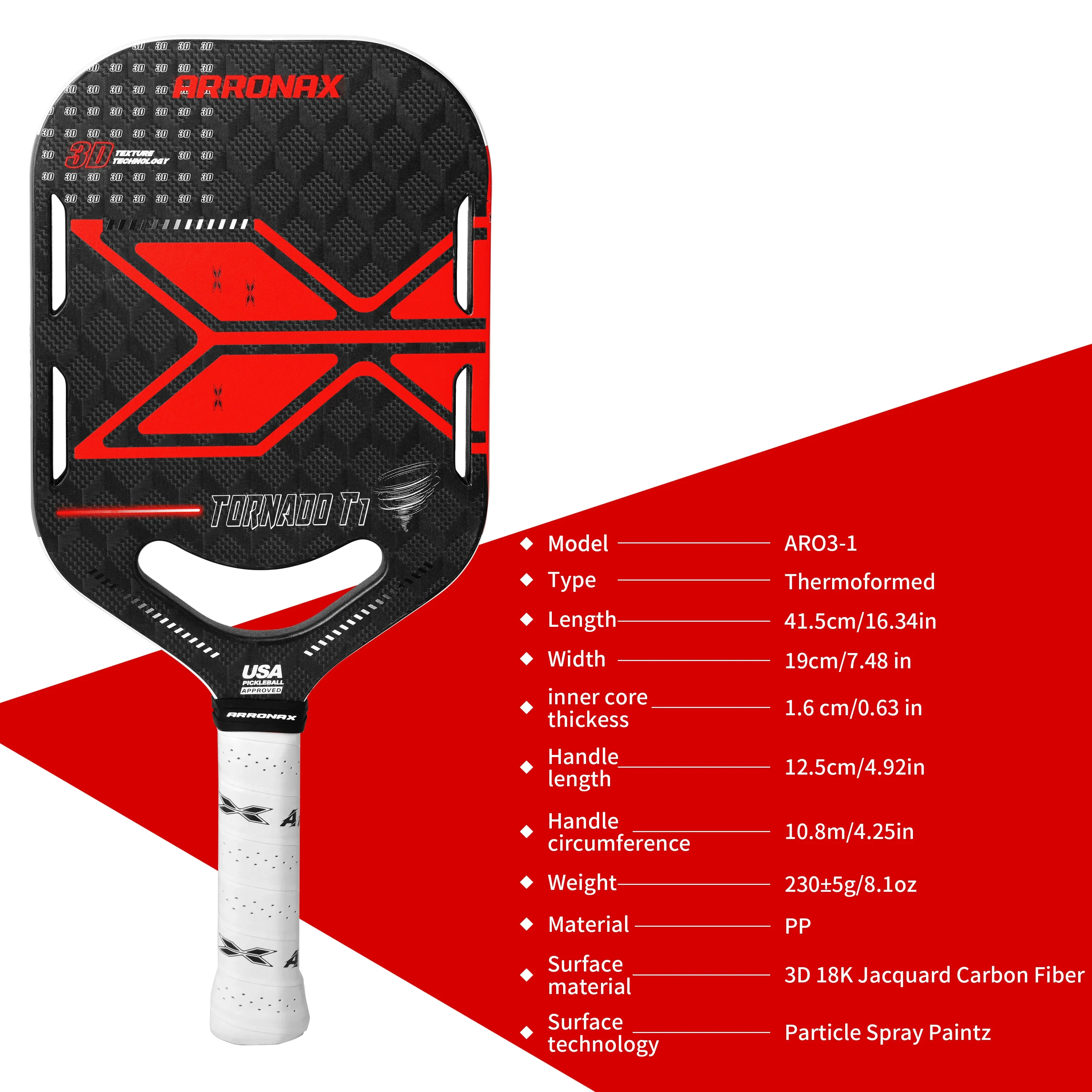 ARRONAX Thermoformed Unibody T700 Raw Carbon Fiber USAPA Approved Pickleball Paddle Spin Textured Surface Edgeless Design