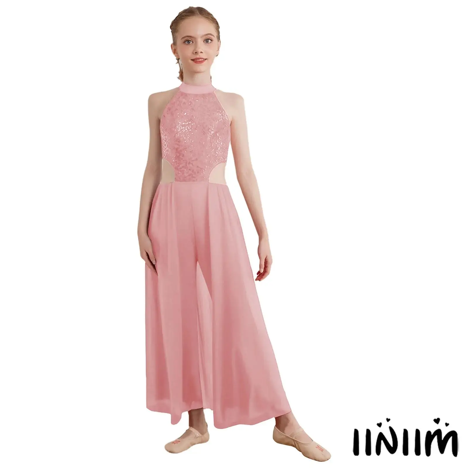 Mono de baile latino profesional para niños, traje de actuación de competición de baile de salón lírico con cuello Halter y espalda descubierta de malla con lentejuelas