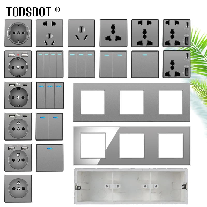 Free Combine Triple Frame Pop Wall Mount Socket Switch Grey Panel EU UK US Universal Standard Plug USB Type C Quick Charge Port