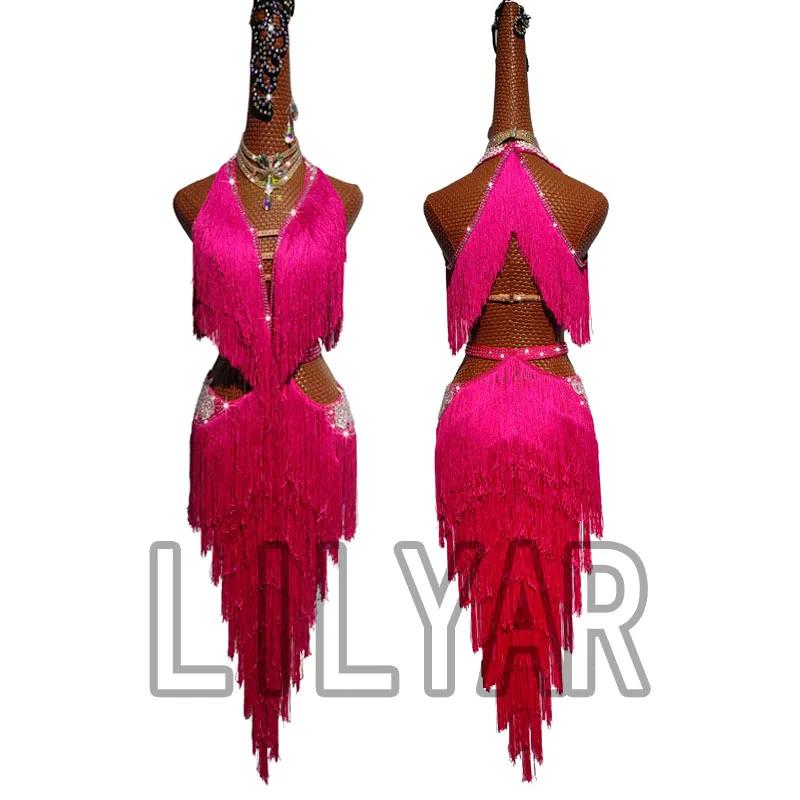 Latin Dance  Competition Show Custom Adult Children's Rose Red Embroidered Fringe Dance Dress