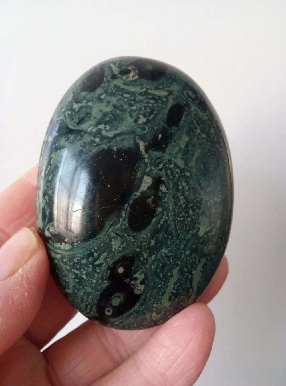 

2.92" GREEN KAMBABA JASPER STROMATOLITE FOSSIL Crystal Polished Palm Stone 167.8g