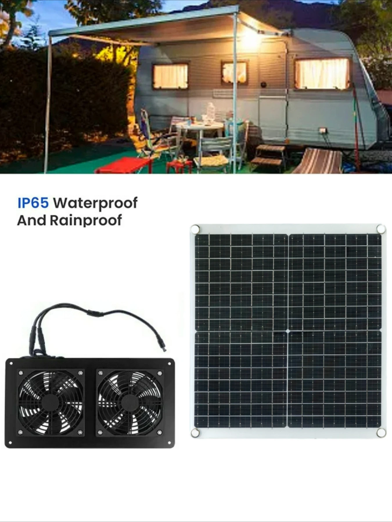 IP65 Dust and Water Resistant Dual Exhaust Solar Cooling Fan 20W 30W Monocrystalline Panel RV Greenhouse Chicken Coop Pet