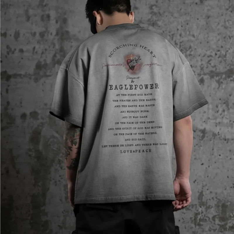 

Gradient Color Washed Distressed Dark High Street Loose Profile Short Sleeve T-shirt for Men