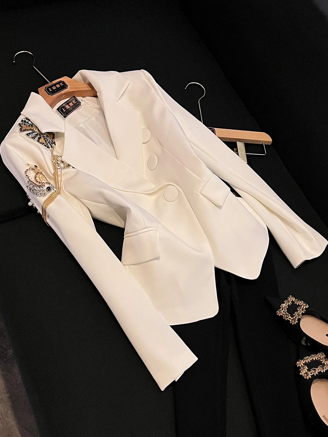 

White Long Sve Heavy Work Suit Women's Tailored Jaet Neutral Sle Office Wear Double Breasted Coat Neutral Faion
