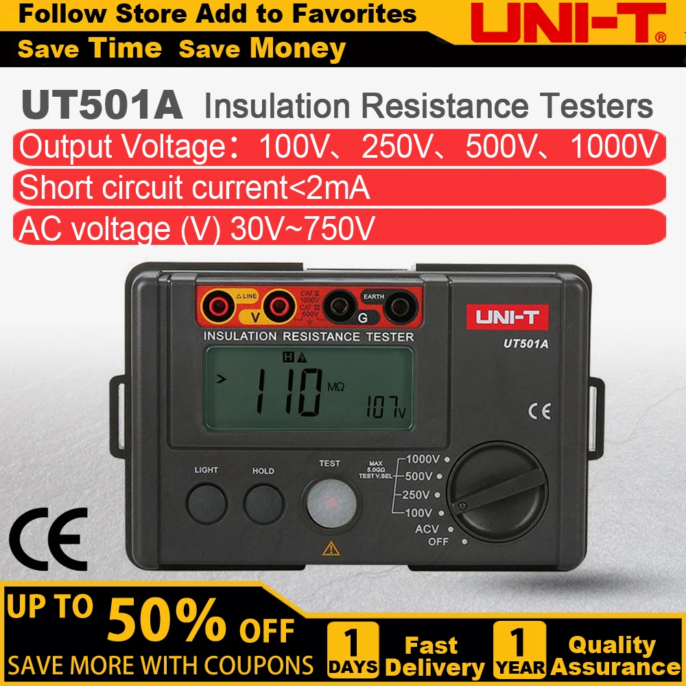 

UNI-T UT501A Insulation Resistance Tester 1000V Megohmmeter 5GΩ Ohm Meter Professional Digital Ohmmeter Electrical Megometer