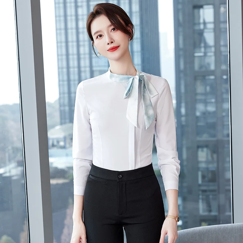 NAVIU New Style Summer Autumn Fashion Formal Ladies Shirt Women Tops Slim Elegant Office Stand Bow Blue White Blouse Work Wear