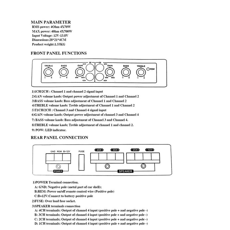 

N01R-4 Channel Car Amplifier Audio Stereo AB Class Amplifier Hifi Car Power Amplifier