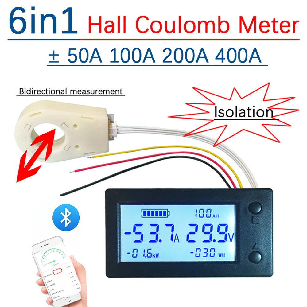 Bluetooth Battery Monitor DC Hall Coulomb Meter Digital Voltmeter Power Capacity Display 12V 24V 48V Lead-acid 60V Lifepo4 Liion