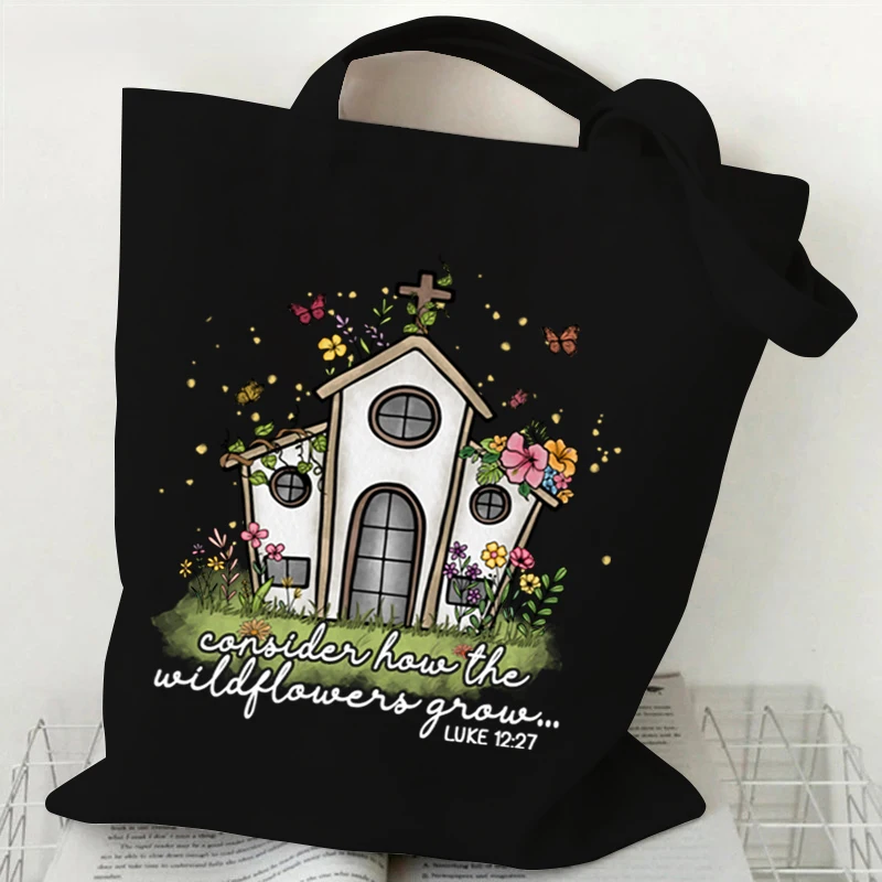 Regalo de cristianos, bolso de lona, monederos y bolsos con estampado de letras de flores silvestres, bolsas de compras de fe cristiana religiosa divertida