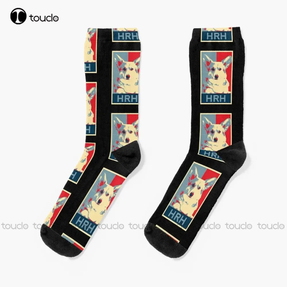 Hrh Queen Elizabeth und Corgi Ihre königliche Hoheit Hundekunstwerk für Corgi-Liebhaber Royal Corgi Socken Kreative lustige Socken Individuelles Geschenk