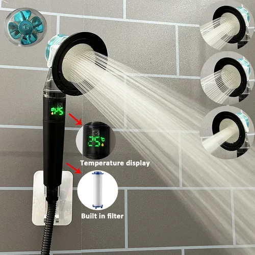 터보 프로펠러 가압 샤워헤드 필터 포함, 3 가지 모드, 온도 표시, 고압 대형 유량 욕실 수도꼭지 샤워 