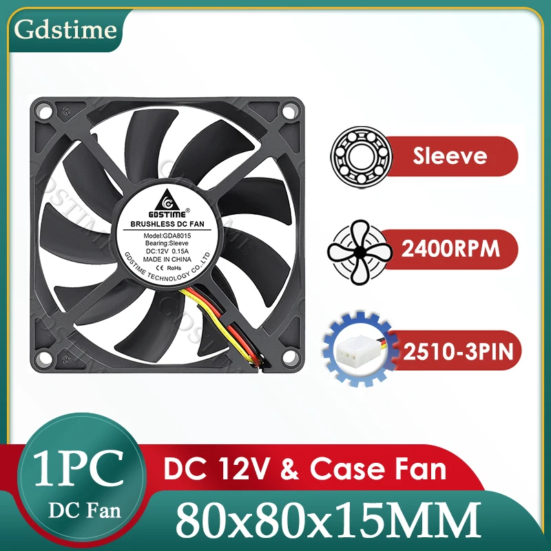 Gdstime 80mm Fan DC 12V Cooler 80MM*15MM Brushless Exhaust Cooling Fan 8025 3PIN FG Function Heatsink Fan for PC CPU&GPU Cooling