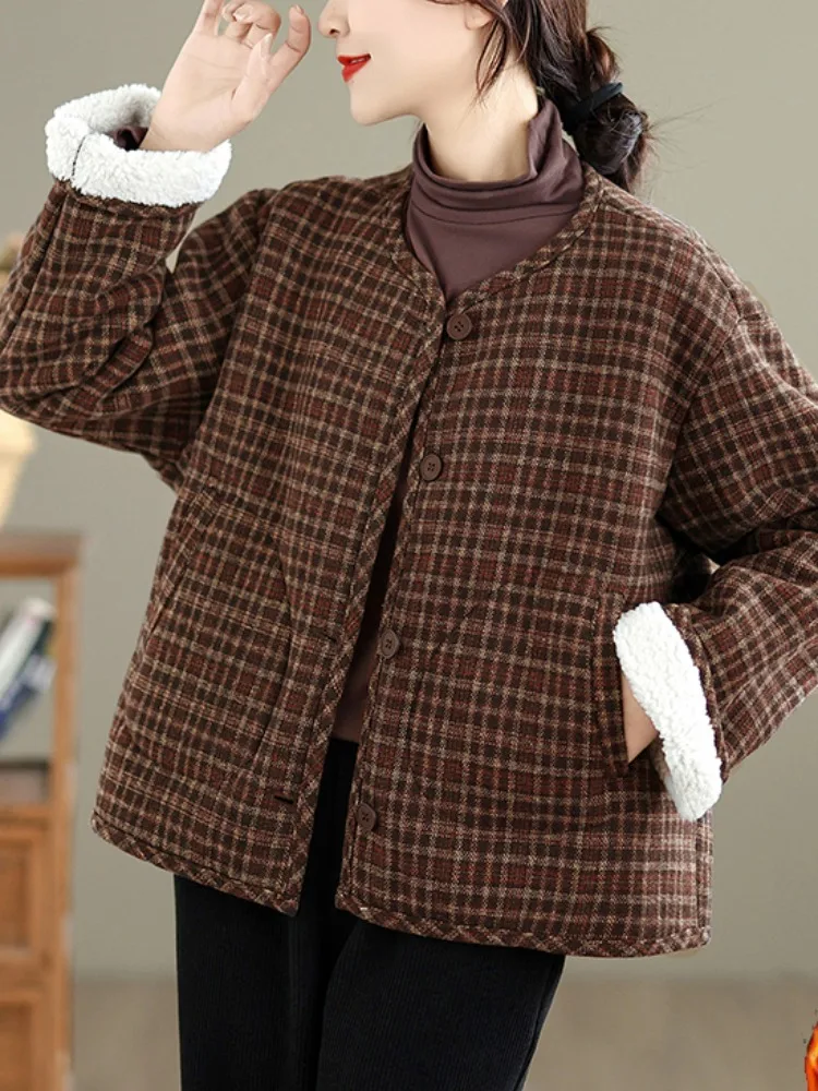 

Шерстяное пальто в клетку с подкладкой в стиле ретро, женское зимнее пальто небольшого размера, повседневный круглый хлопковый топ, теплый