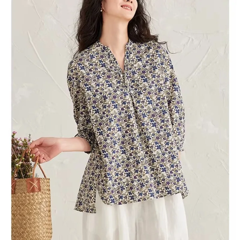 

Новая свободная хлопковая рубашка с цветочным принтом для женщин, весна-лето, с V-образным вырезом, рукавом 7/8, в повседневном стиле, из тонкой ткани
