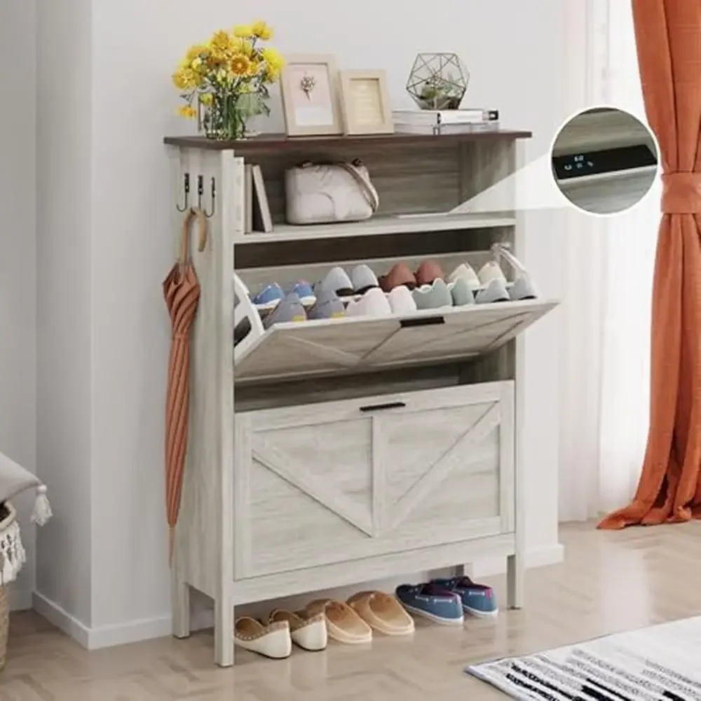 Automatic Deodorization Shoe Storage Cabinet with 2 Flip Drawers Freestanding Shoes Organizer Beige Oak Space-saving Design