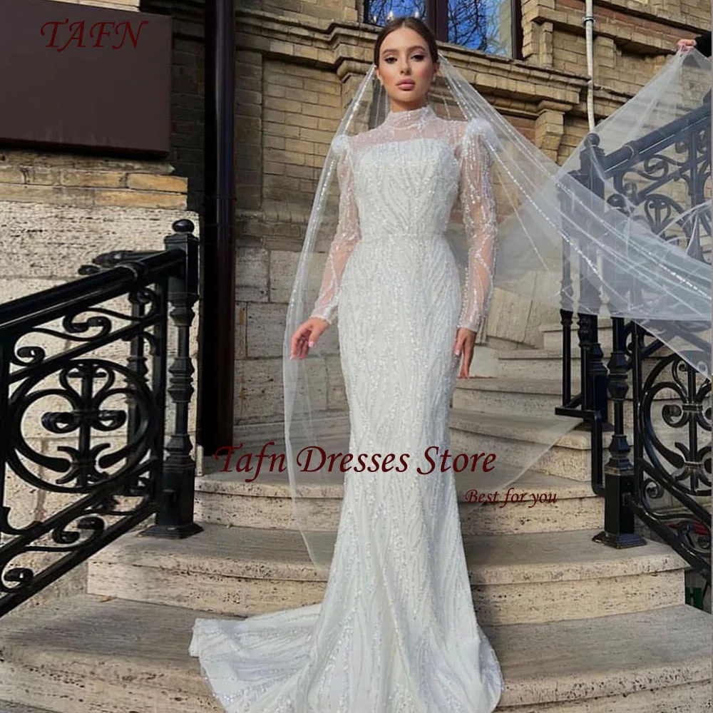 

TAFN Mermaid Wedding Dresses Luxury Sparkly Lace High Collar Full Sleeves Bridal Gown vestidos de novia Court Train