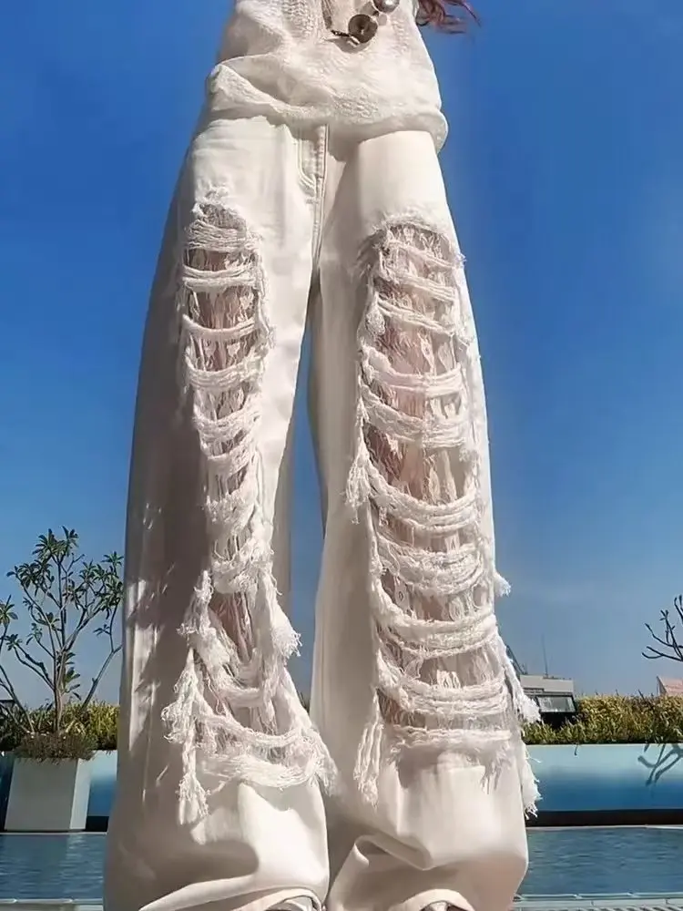 Vintage Harajuku Lace Distressed Jeans Women Wide-leg Jeans Hole High Waist Straight Pants Slim Joker Pants All-match Trendy New