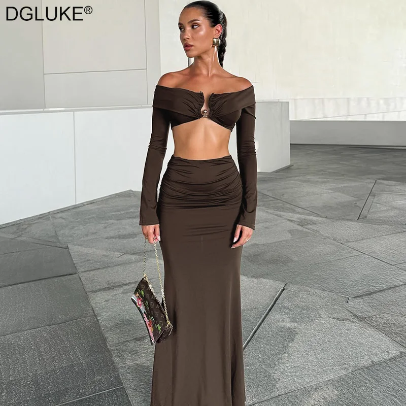 

DGLUKE Long Sleeve Crop Top And Maxi Skirt 2 Piece Set Women Outfit 2025 New Sexy Night Club Festival Outfits Matching Sets