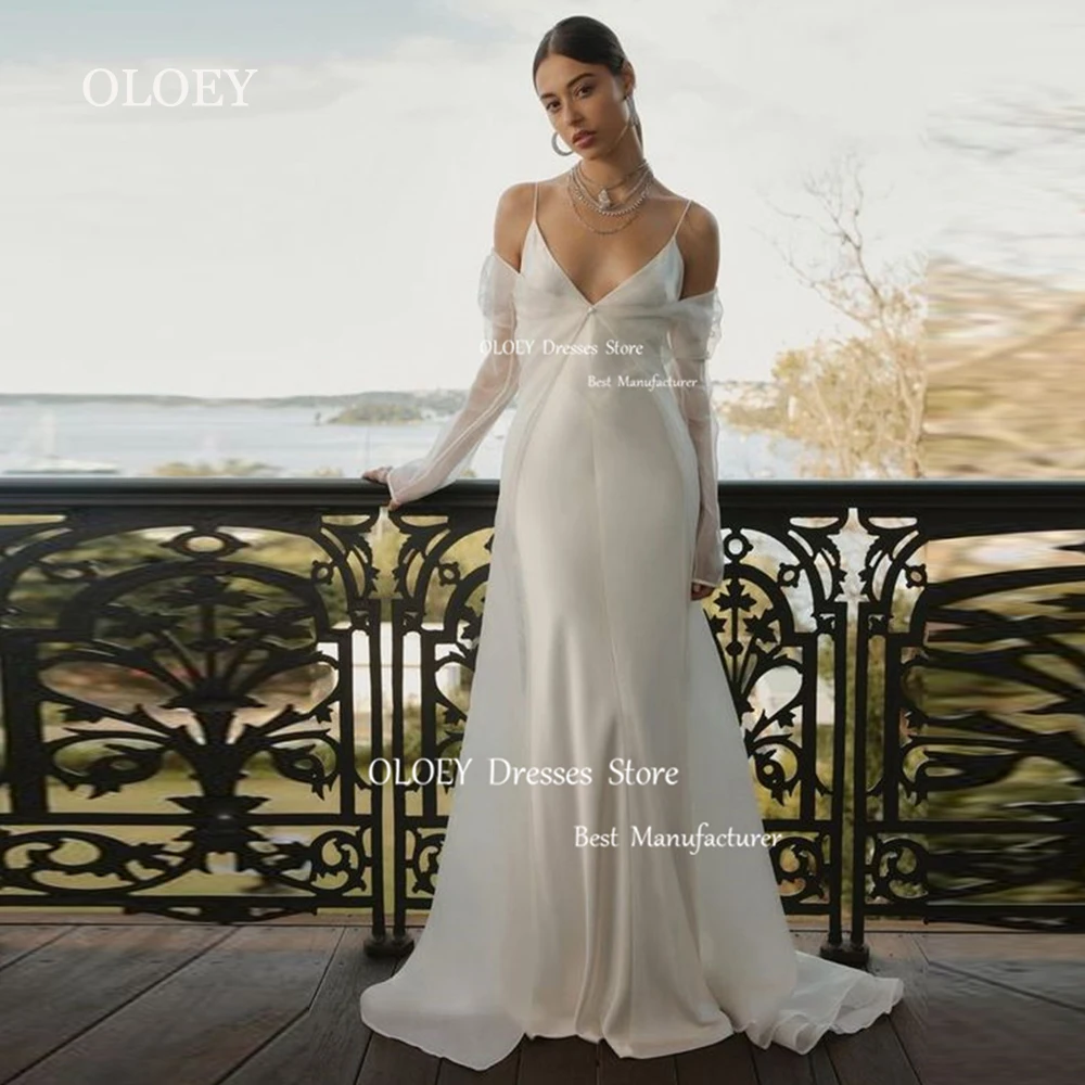 

OLOEY Elegant Ivory Satin Wedding Dress With Tulle Cape Photoshoot Spaghetti Straps Floor Length Bridal Gown Formal Custom Gown