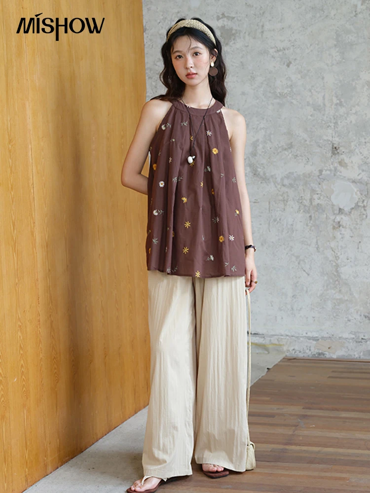 

MISHOW Women's Two Piece Set 2025 Summer New Embroidery Hanging Neck Sleeveless Top Retro Khaki Wide Leg Pants Set MXE39T0713