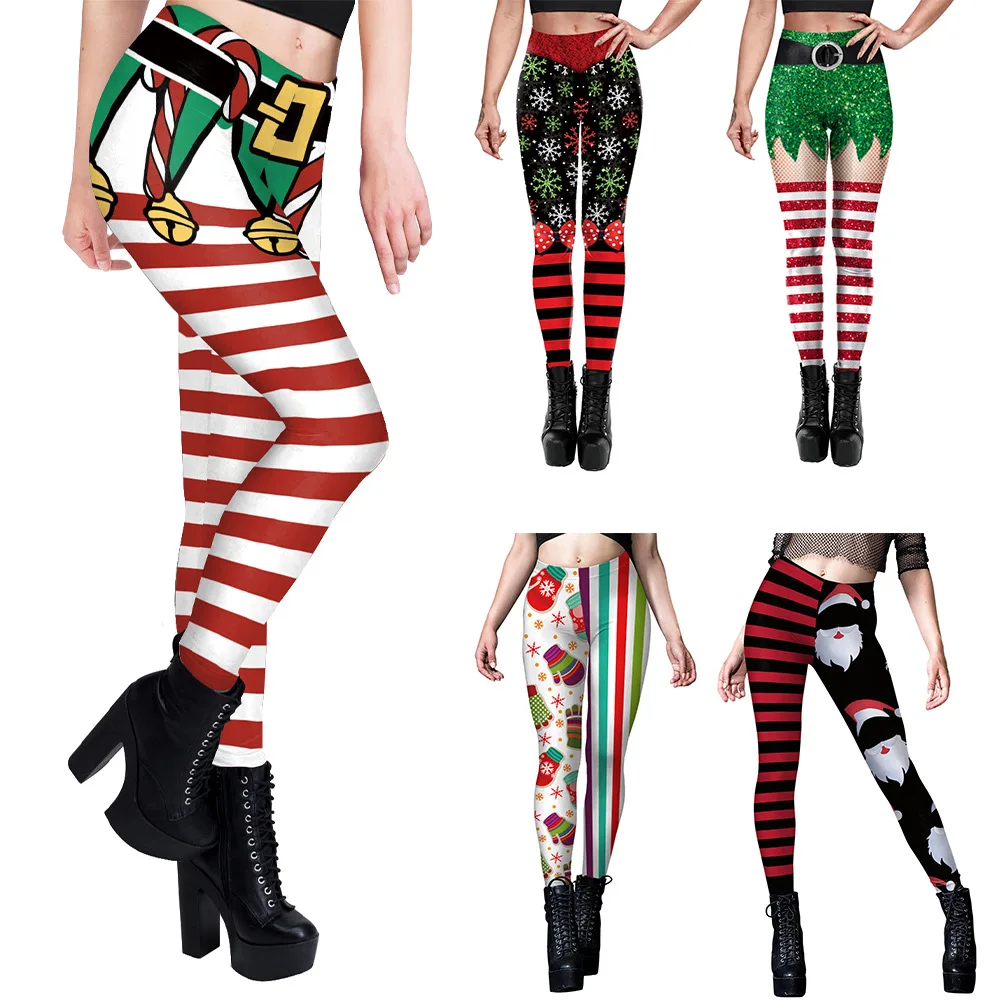 Women's Holiday Striped Graphic Skinny Leggings Stretch High Waist Full Length Printed Tight Pants for Christmas Party Outfits
