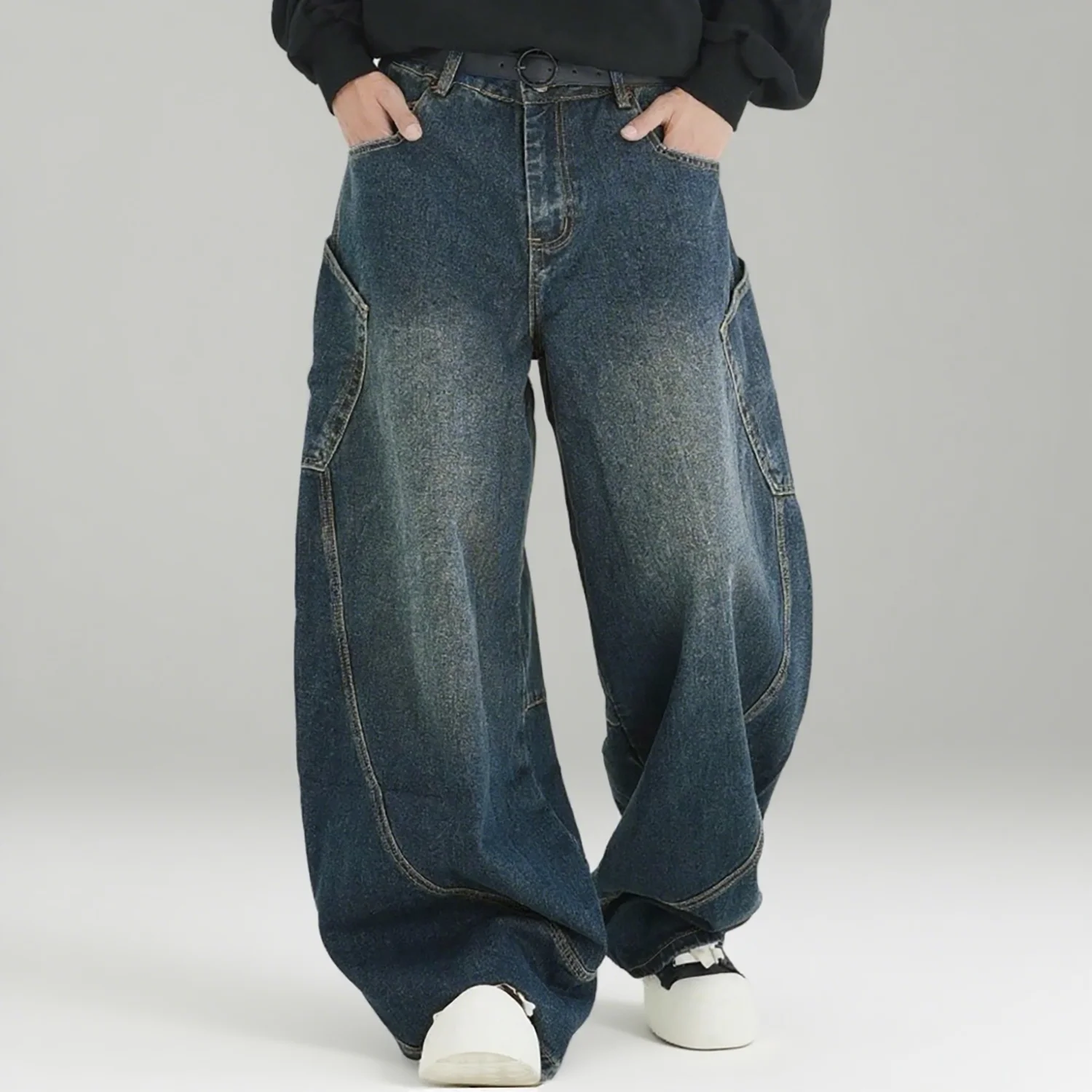 

Men's Wear American Washed Denim Pants Vintage Threedimensional Large Pockets Cut Curved Knife Jeans Loose Fit Summer New Trend
