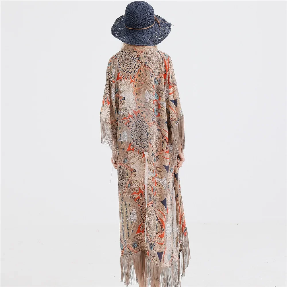 2021 Retro Printed Half Sleeve Chiffon Cardigan Kimono Boho Fringed Tassels Bikini Cover Up Ankle Length Cape Beach Swimsuit